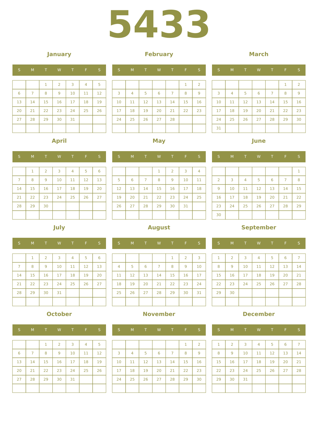 Printable 5433 Year Calendars eburnean