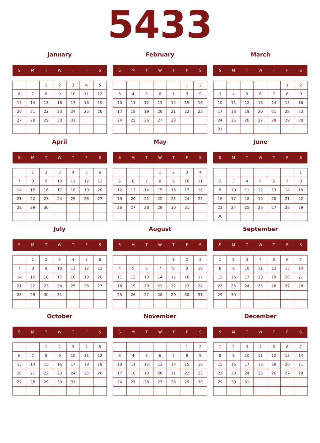 Printable 5433 Year Calendars falu