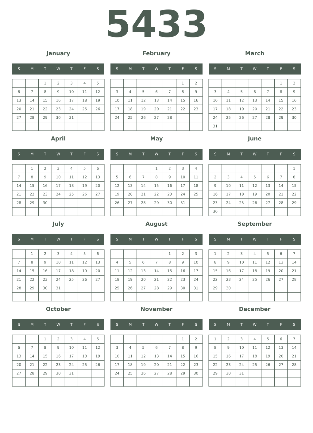 Printable 5433 Year Calendars feldgrau