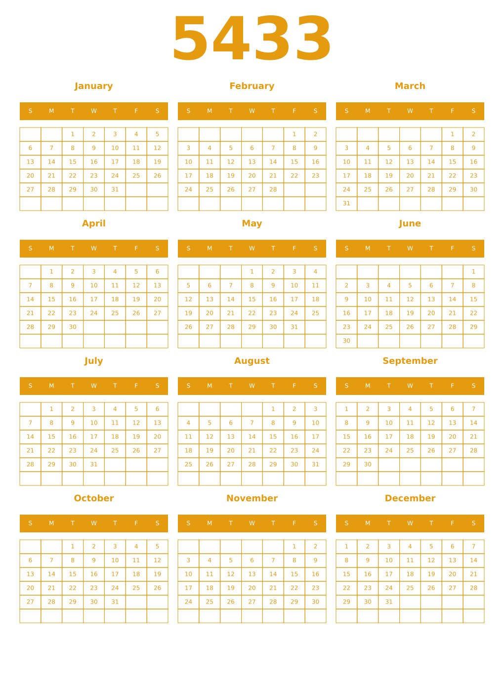 Printable 5433 Year Calendars gamboge