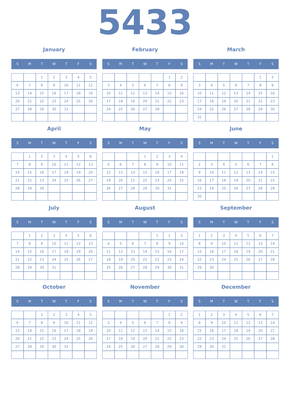 Printable 5433 Year Calendars glaucous