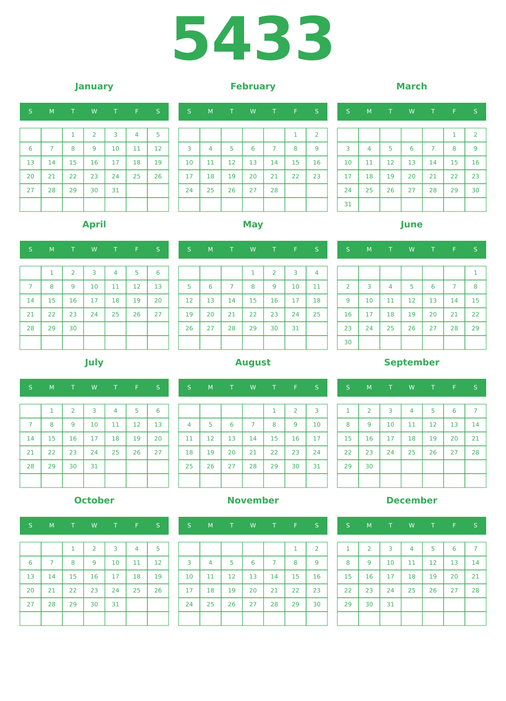 Printable 5433 Year Calendars green
