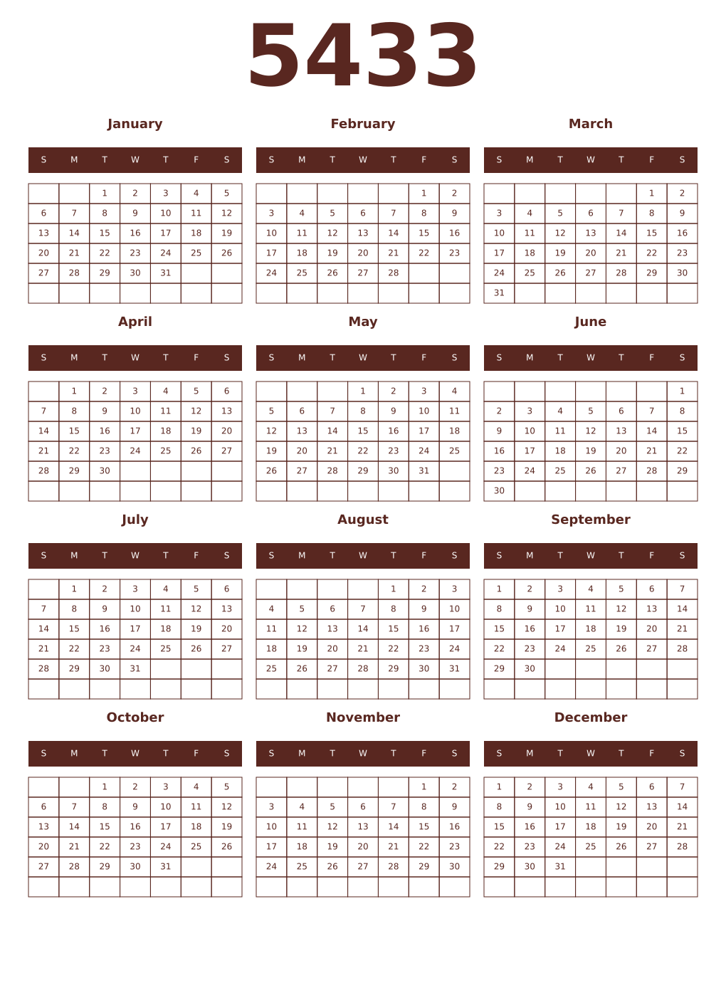 Printable 5433 Year Calendars mortuum