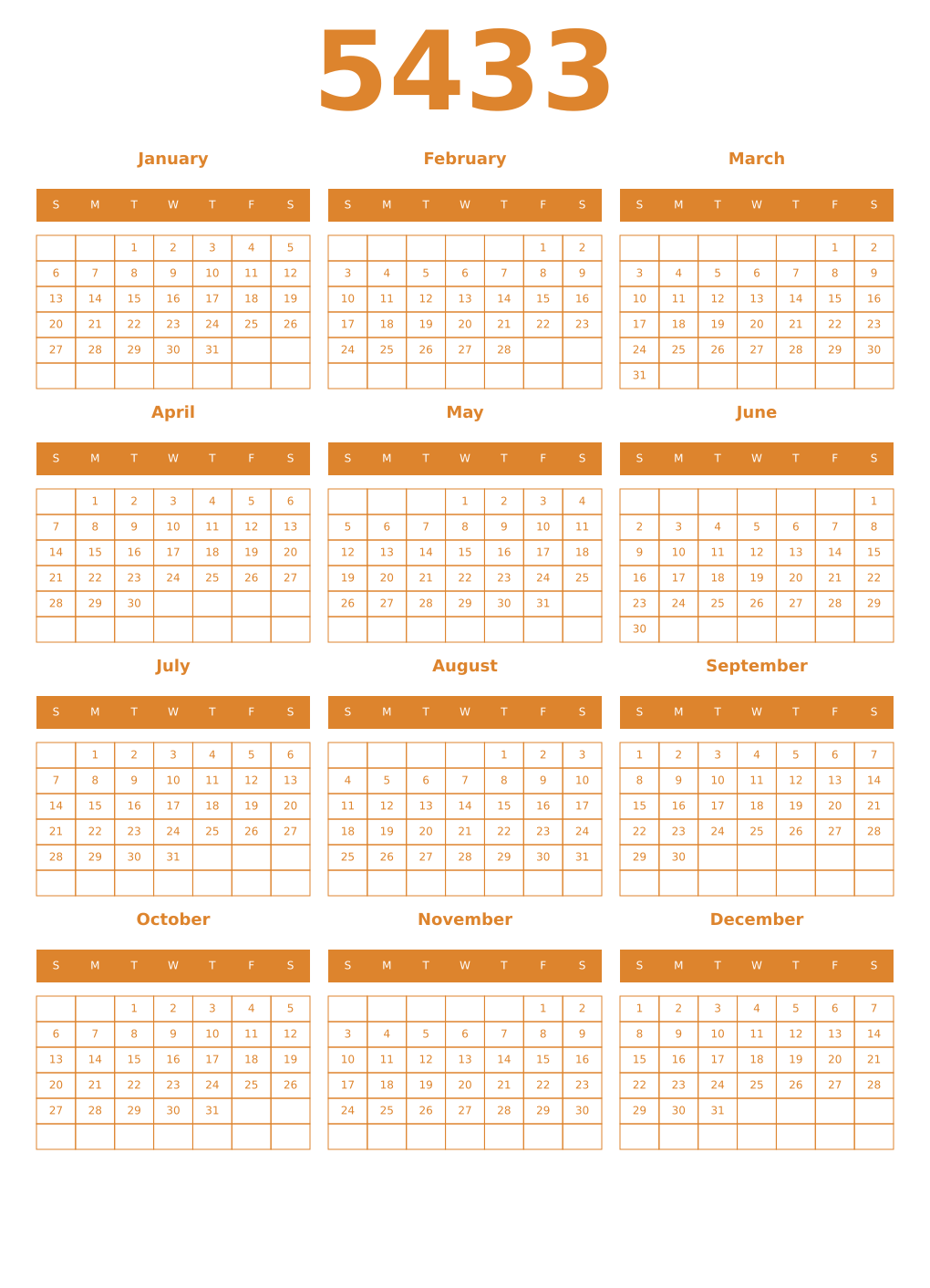 Printable 5433 Year Calendars orange