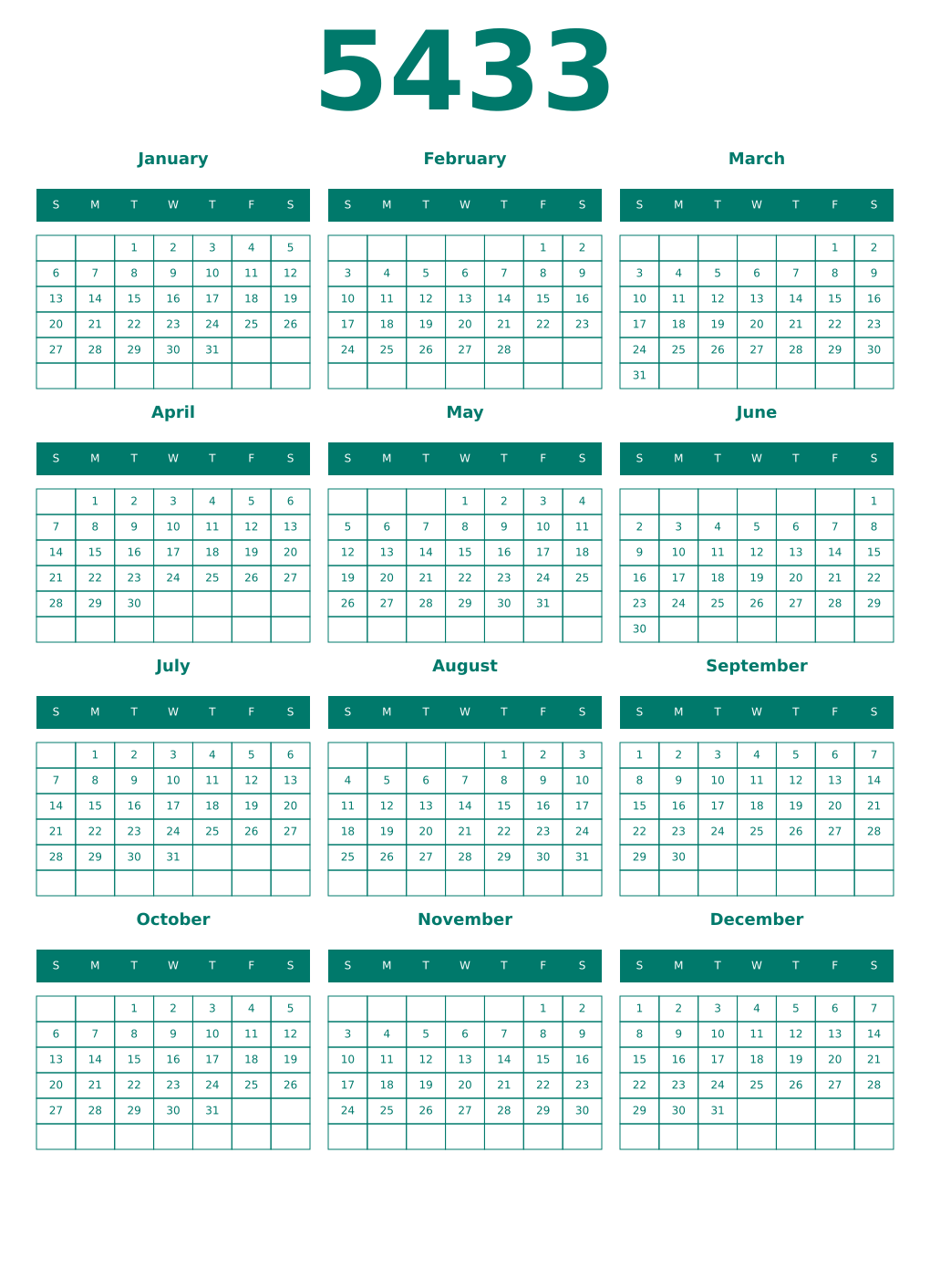 Printable 5433 Year Calendars pastel