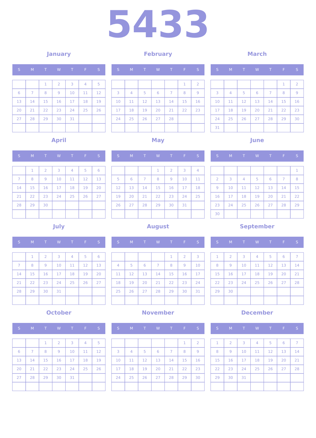 Printable 5433 Year Calendars periwinkle