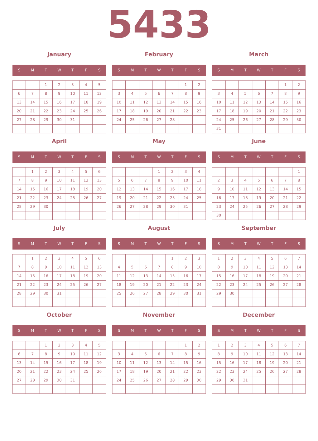 Printable 5433 Year Calendars puce