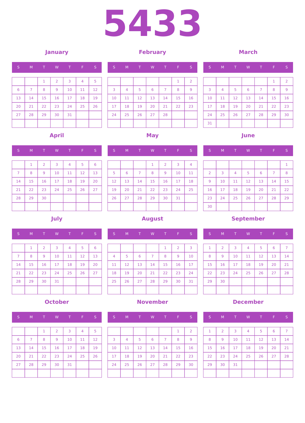 Printable 5433 Year Calendars purple