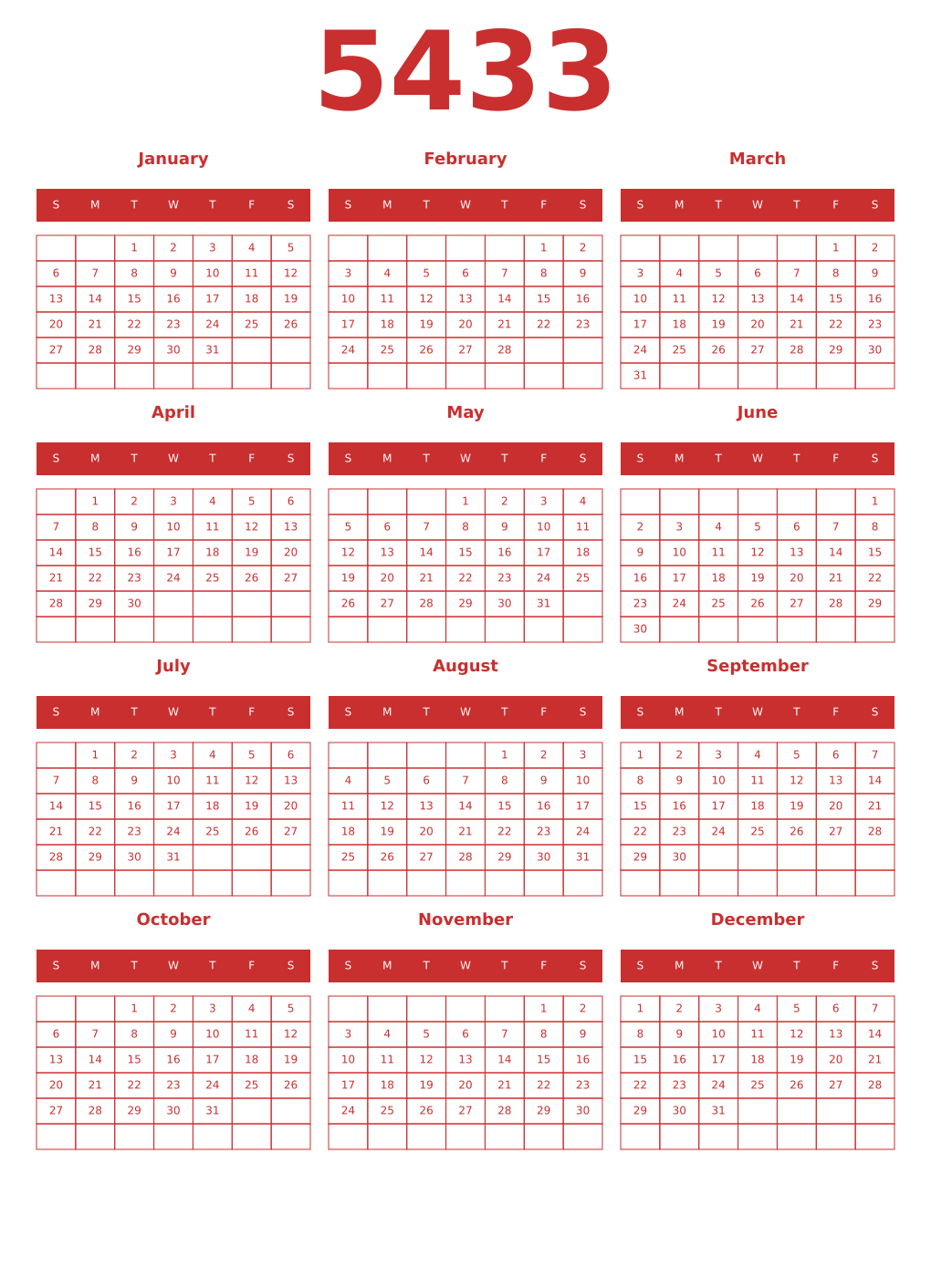 Printable 5433 Year Calendars red