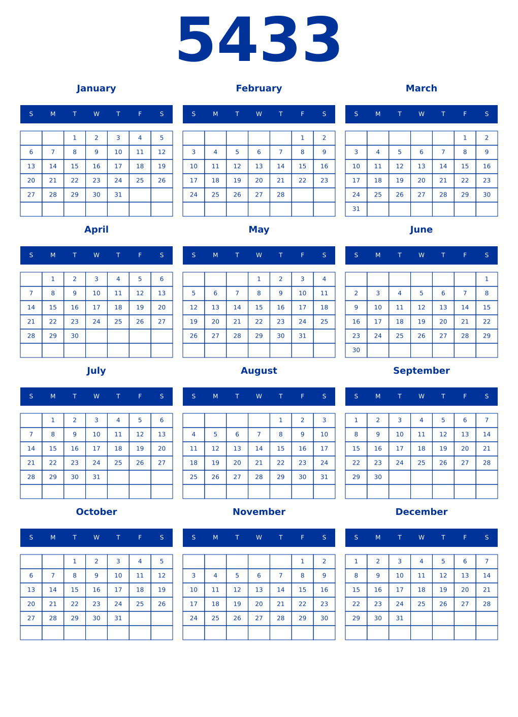 Printable 5433 Year Calendars smalt