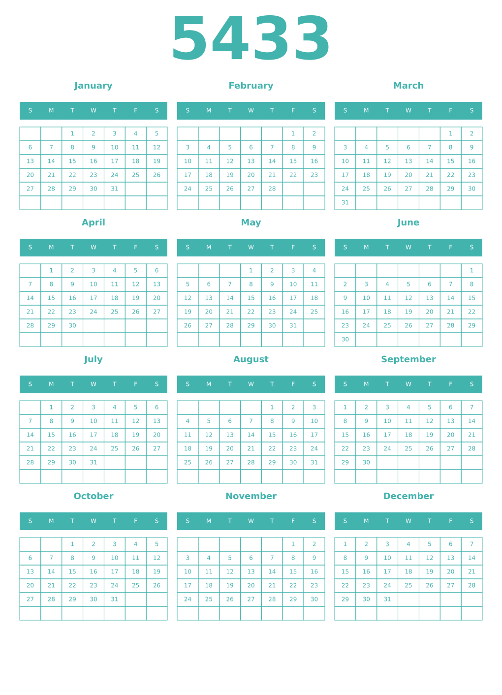 Printable 5433 Year Calendars verdigris