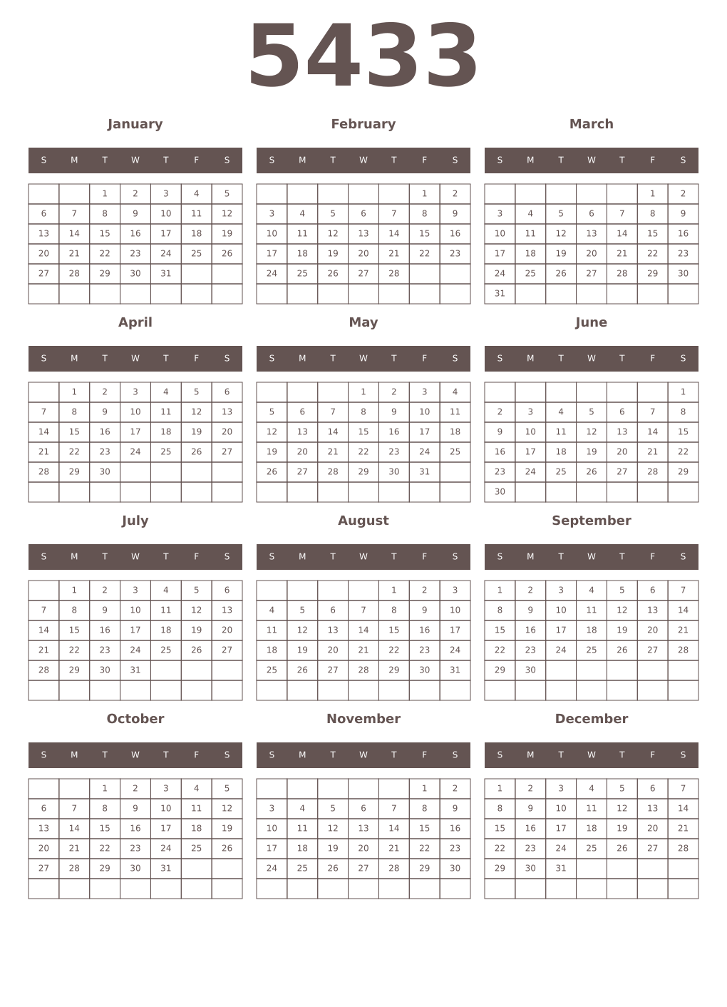 Printable 5433 Year Calendars wenge