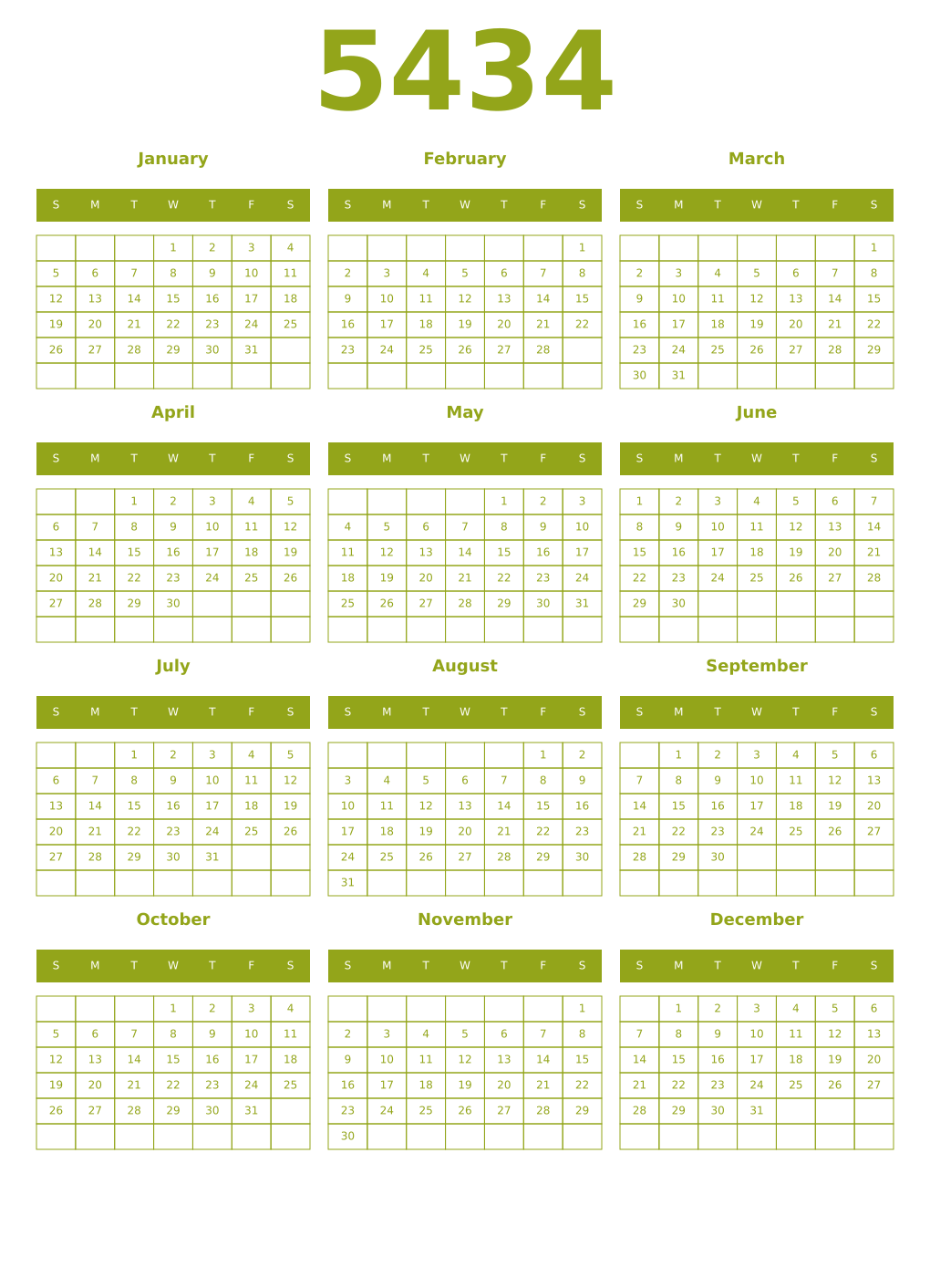 Printable 5434 Year Calendars chartreuse