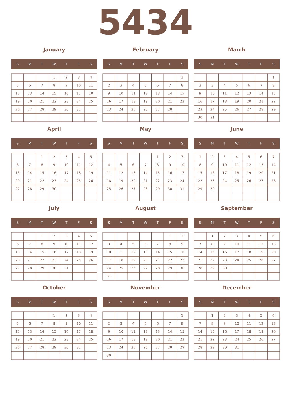 Printable 5434 Year Calendars coffe