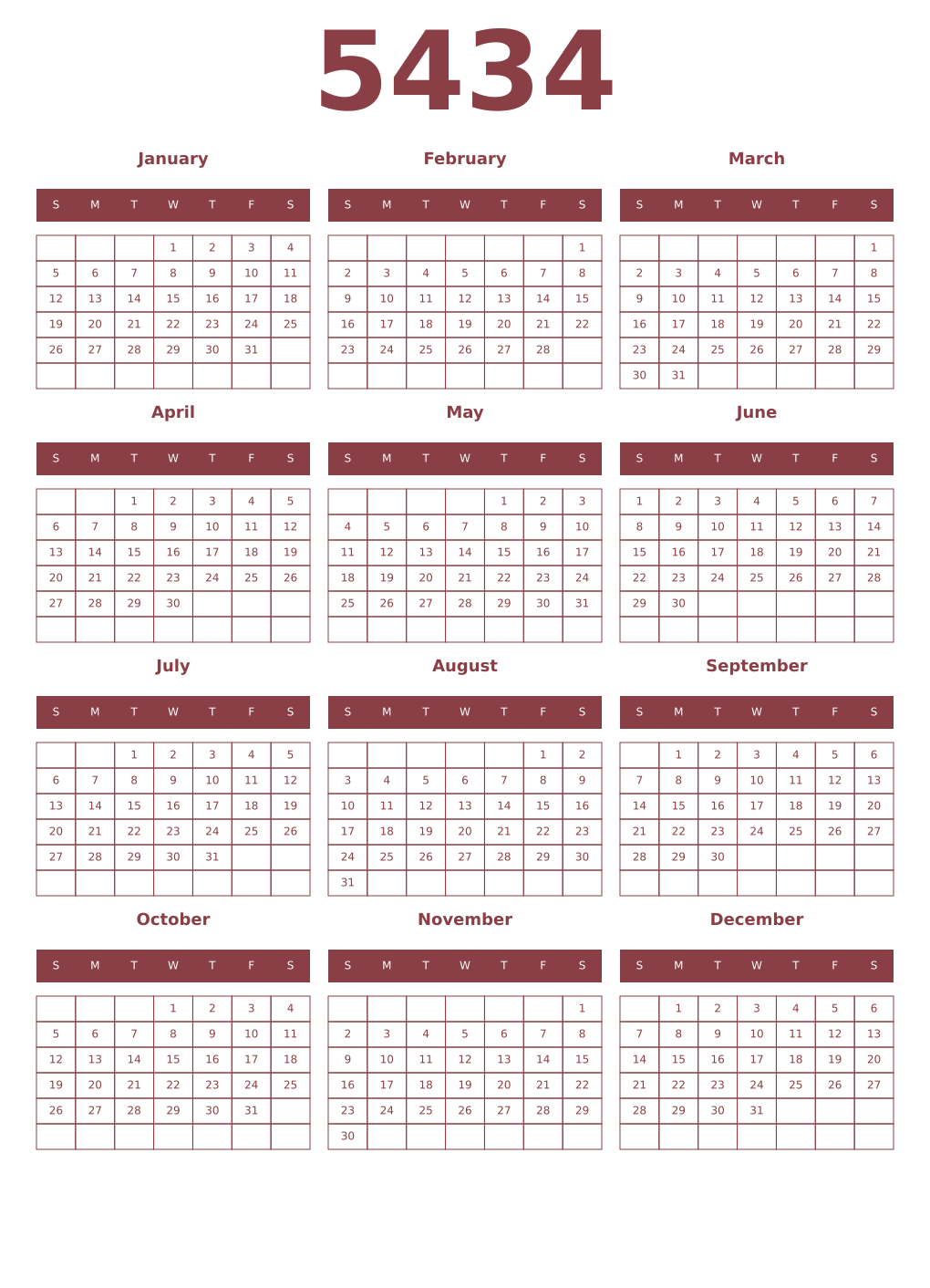 Printable 5434 Year Calendars cordovan