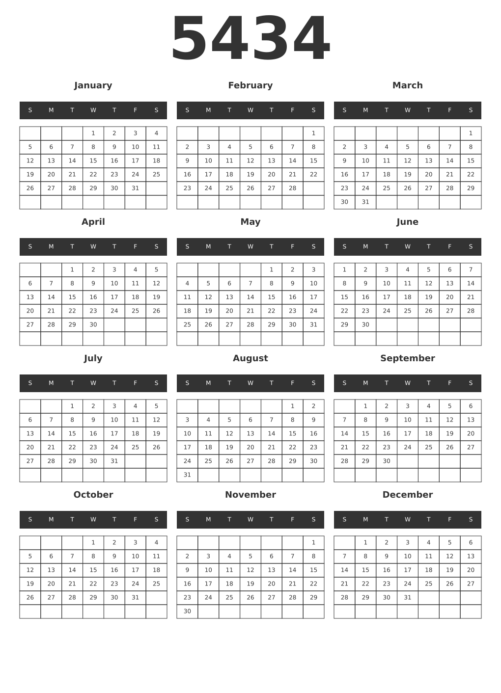 Printable 5434 Year Calendars dark