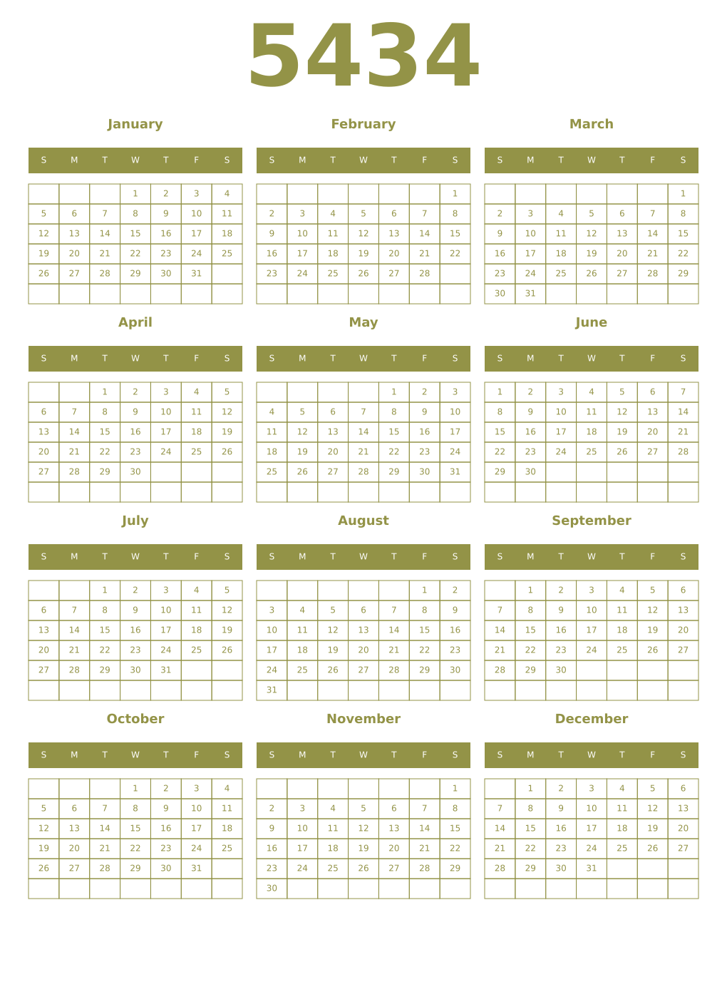 Printable 5434 Year Calendars eburnean