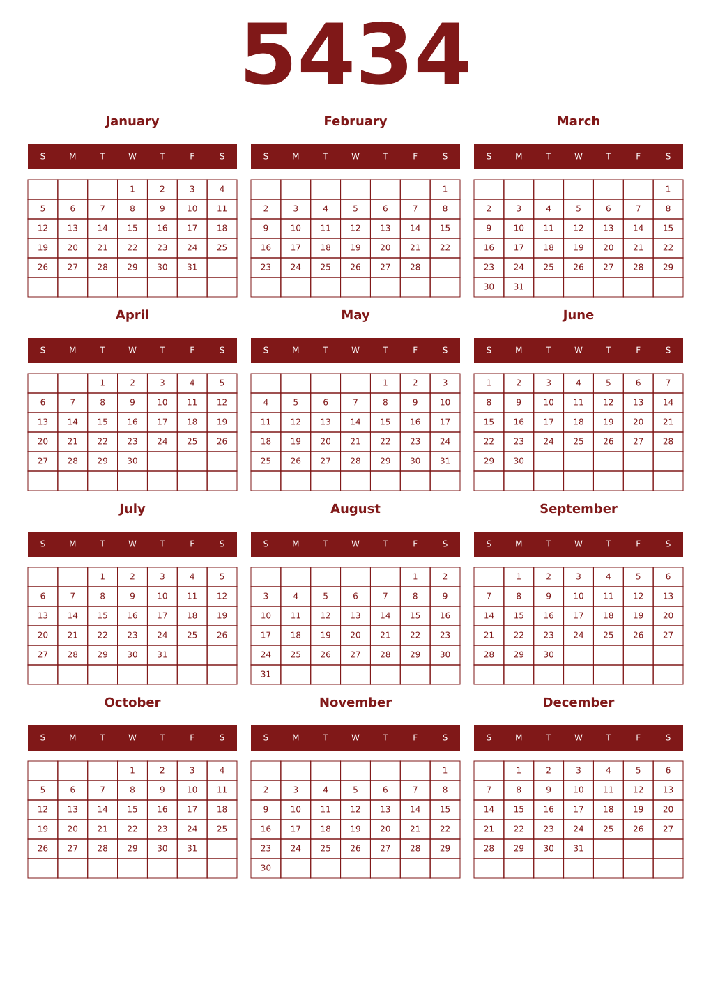Printable 5434 Year Calendars falu