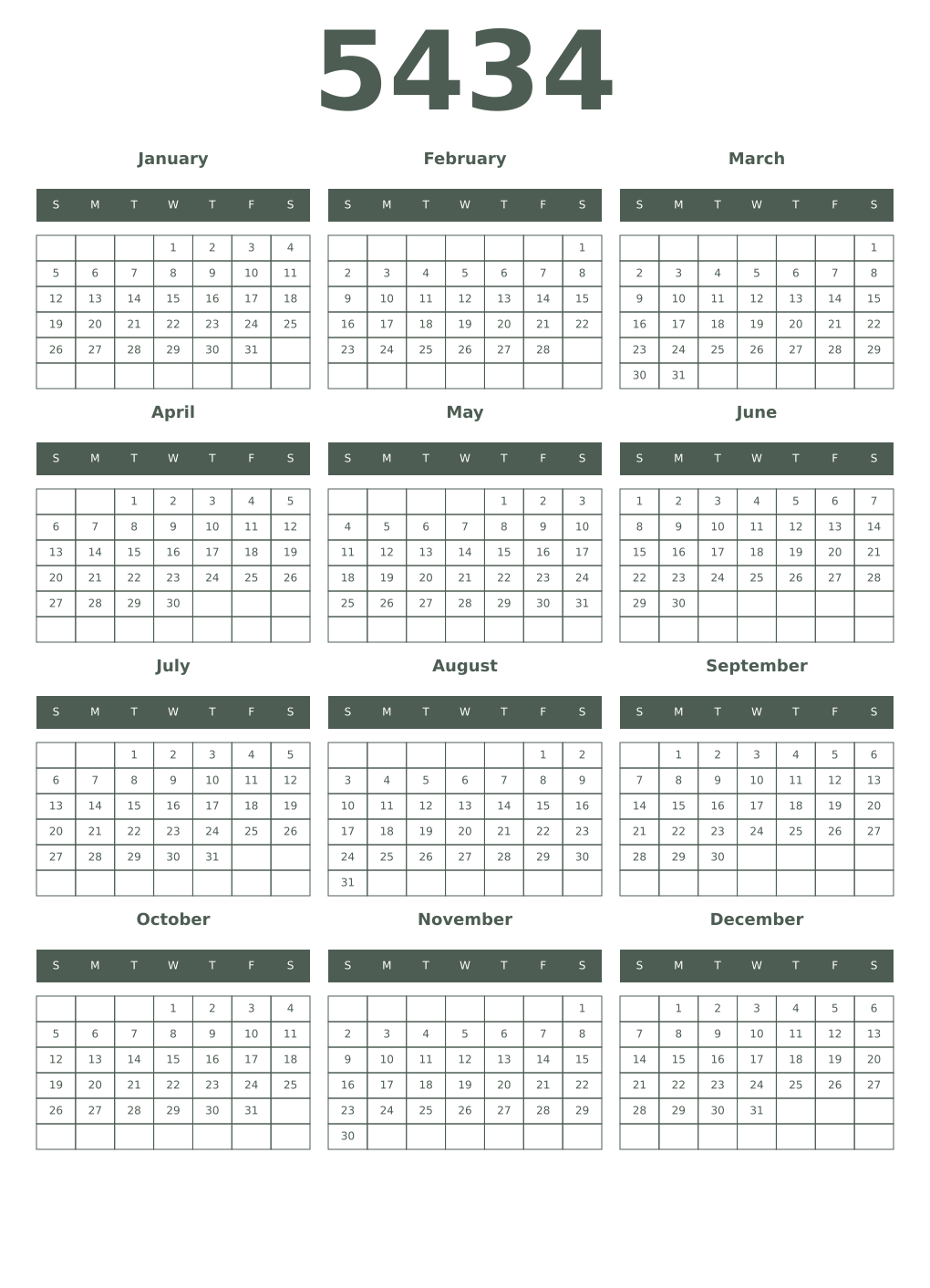 Printable 5434 Year Calendars feldgrau