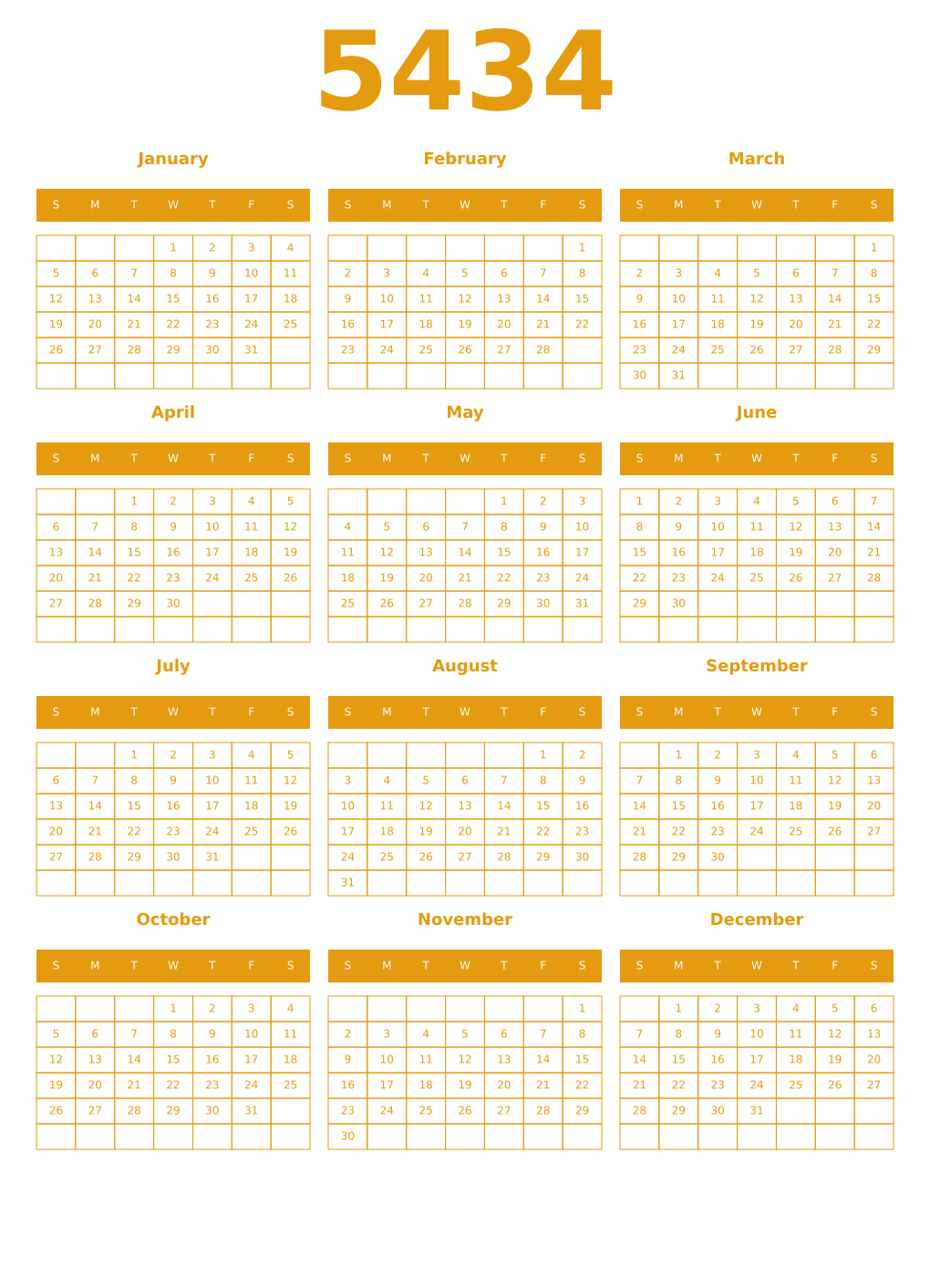 Printable 5434 Year Calendars gamboge