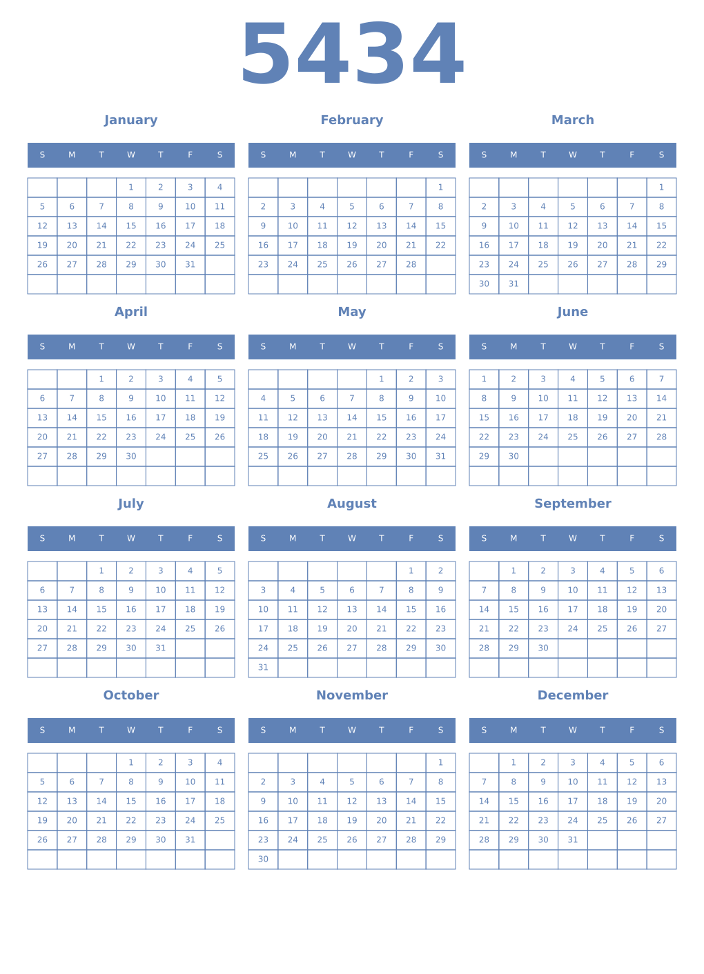 Printable 5434 Year Calendars glaucous