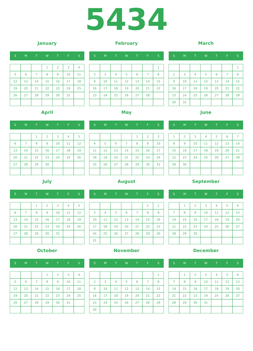 Printable 5434 Year Calendars green