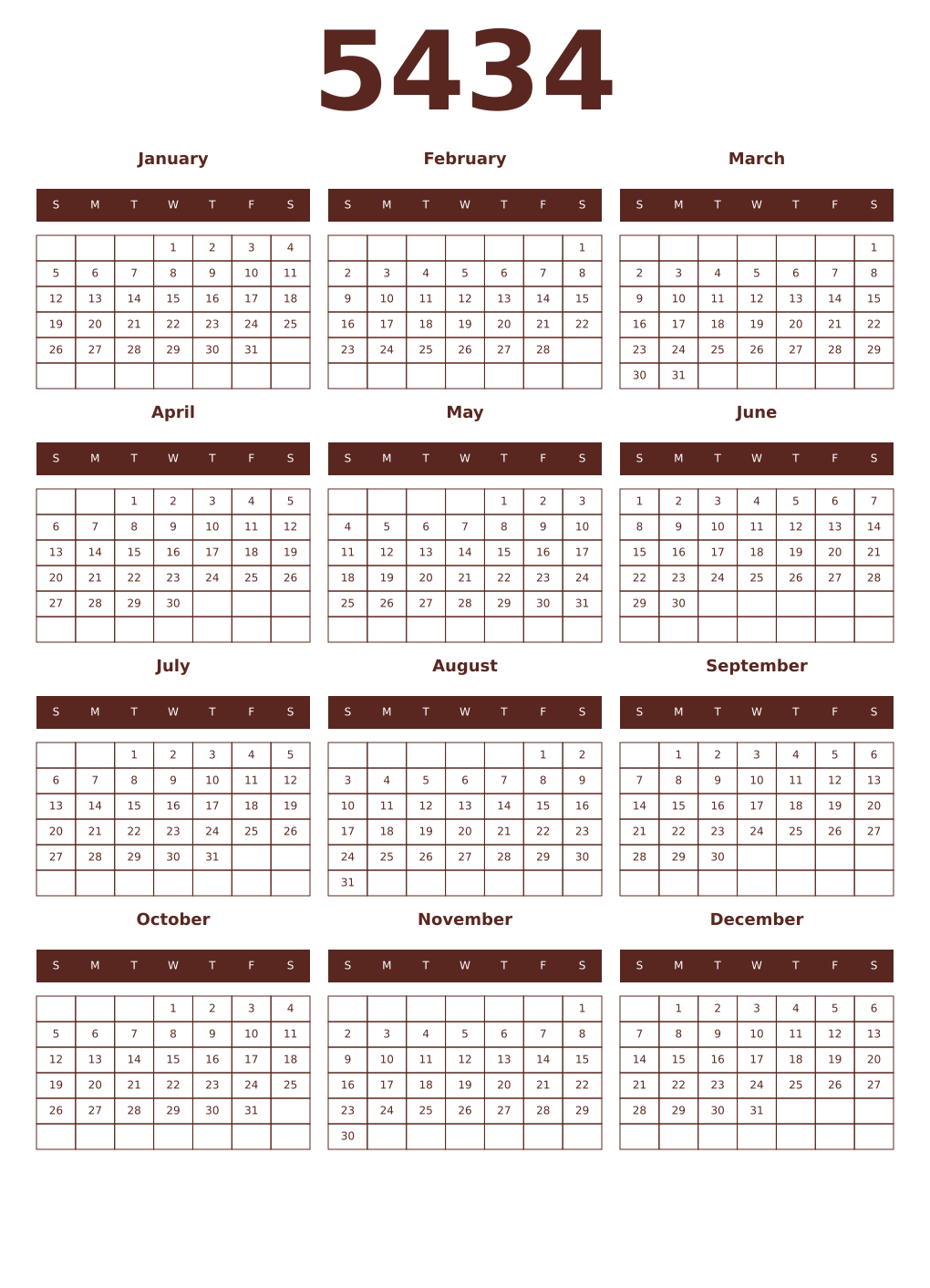 Printable 5434 Year Calendars mortuum
