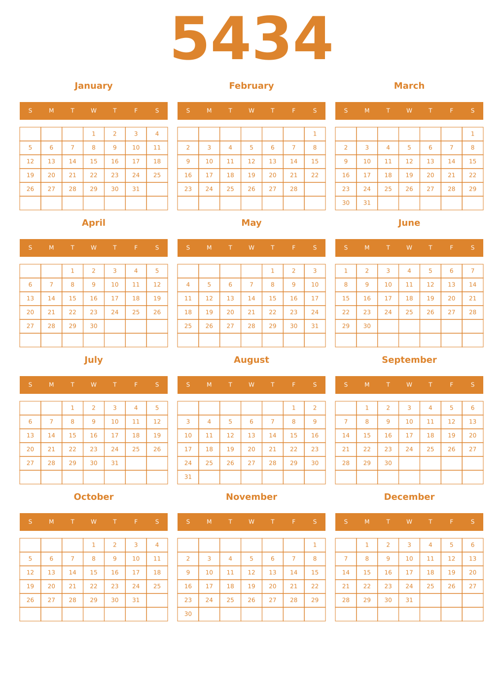 Printable 5434 Year Calendars orange