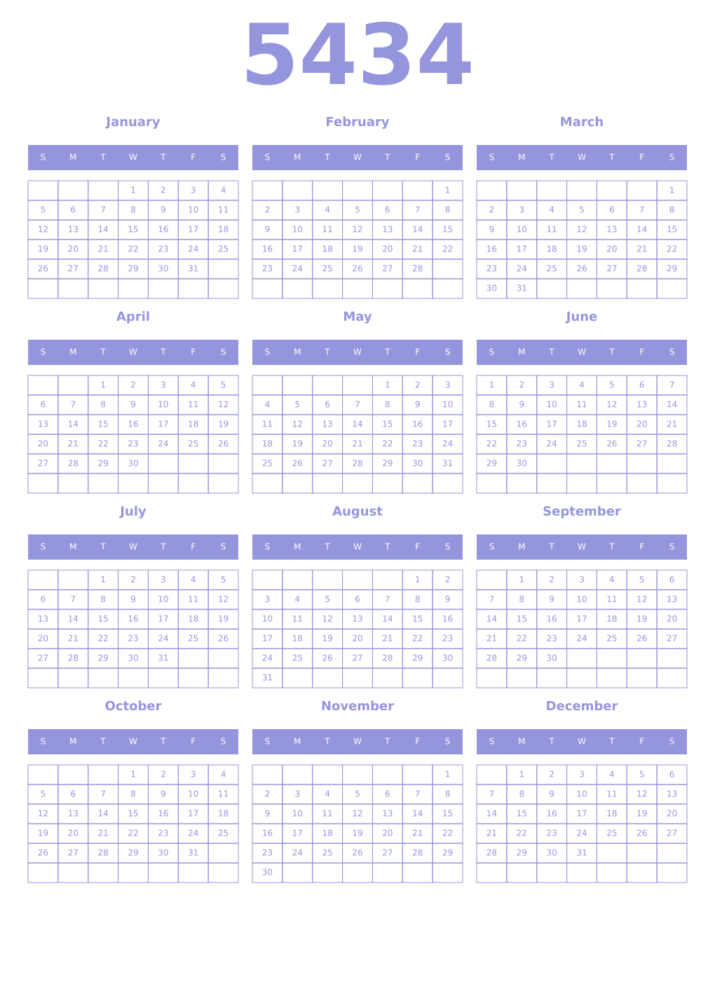 Printable 5434 Year Calendars periwinkle