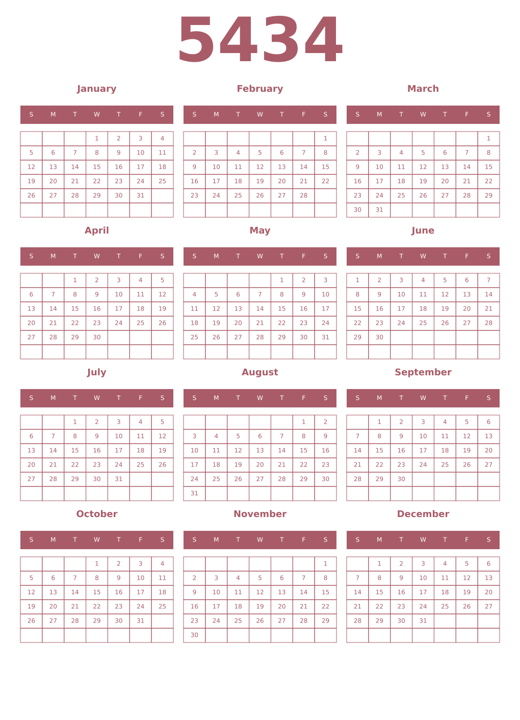 Printable 5434 Year Calendars puce
