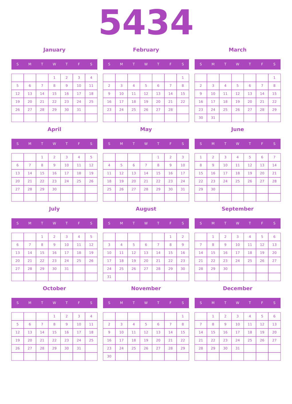 Printable 5434 Year Calendars purple