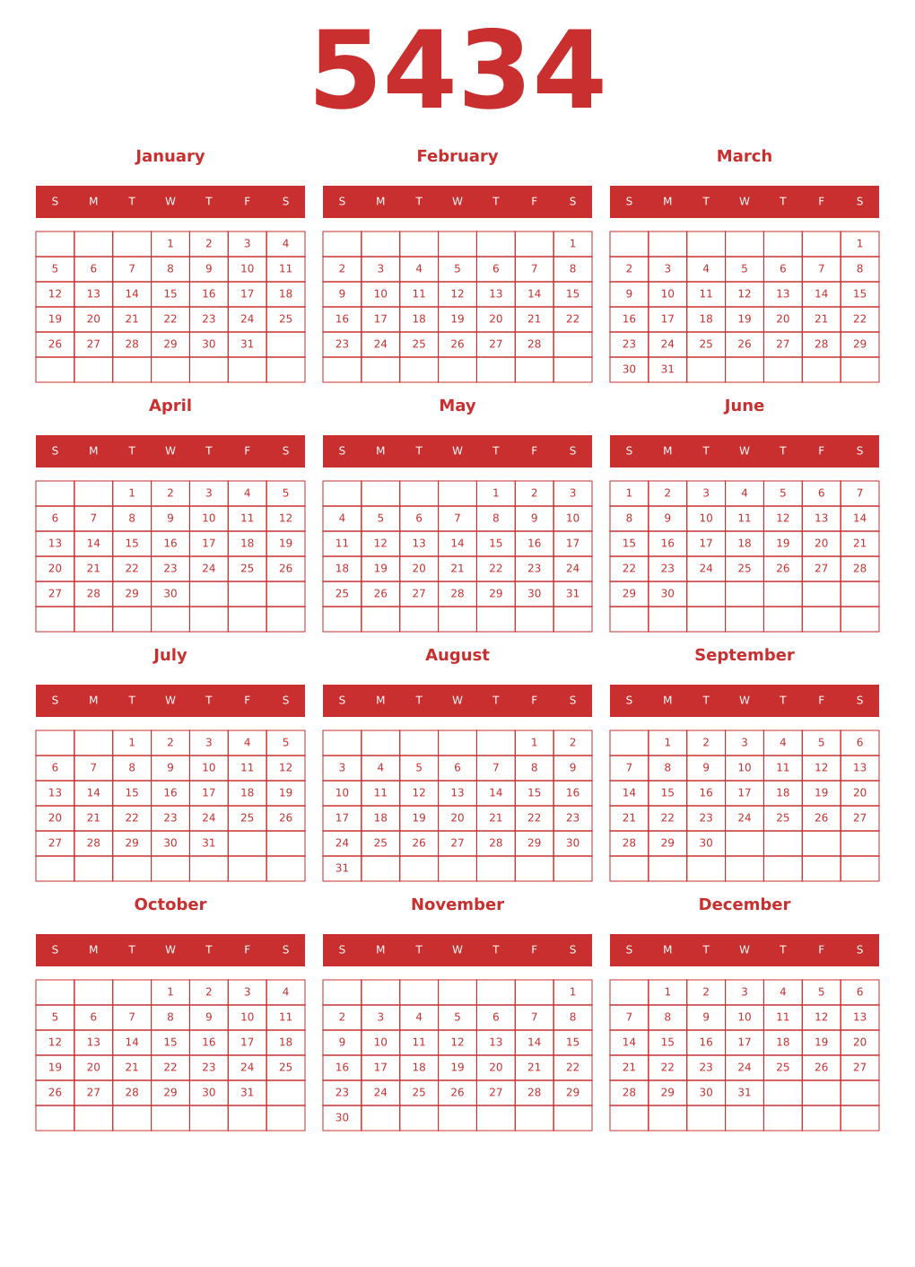 Printable 5434 Year Calendars red