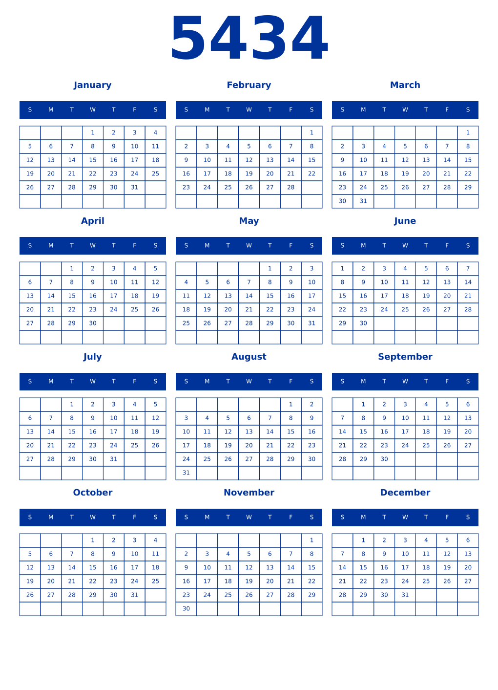 Printable 5434 Year Calendars smalt