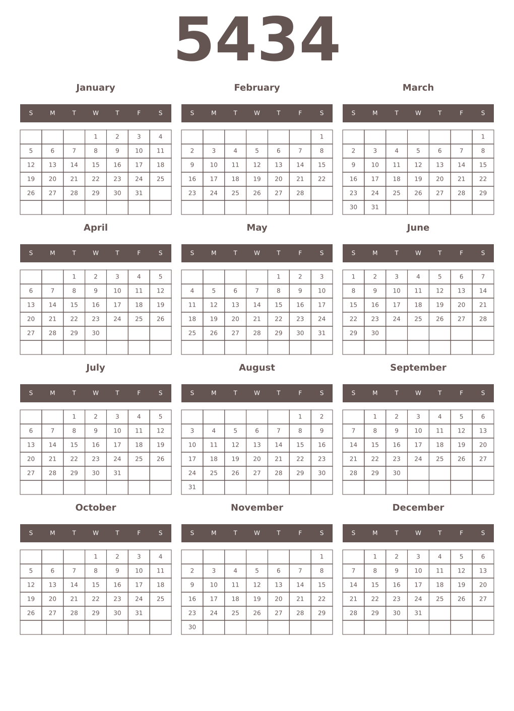 Printable 5434 Year Calendars wenge