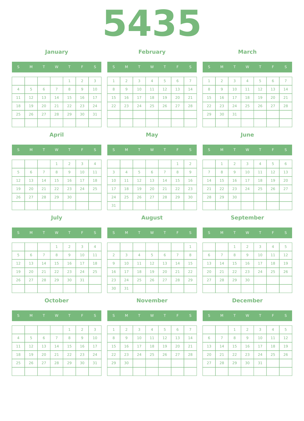 Printable 5435 Year Calendars celadon