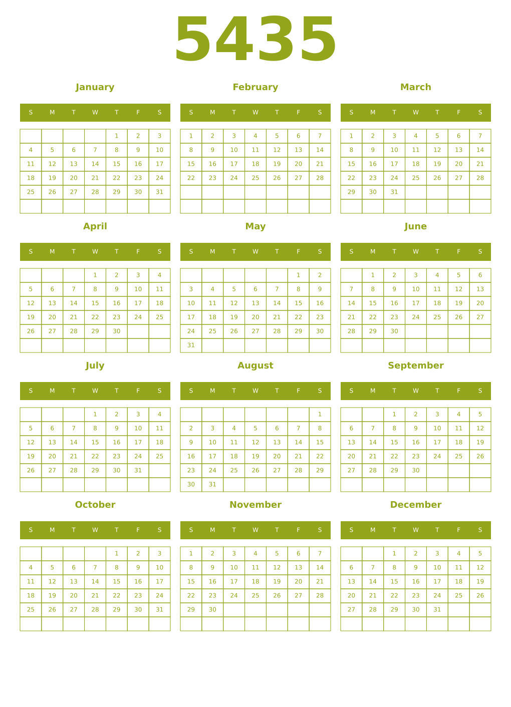 Printable 5435 Year Calendars chartreuse
