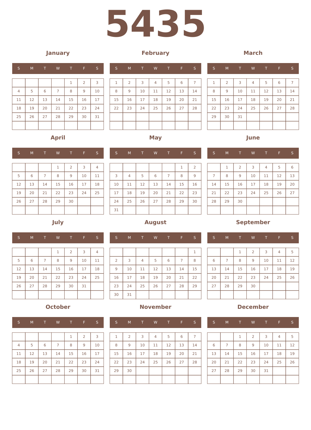 Printable 5435 Year Calendars coffe