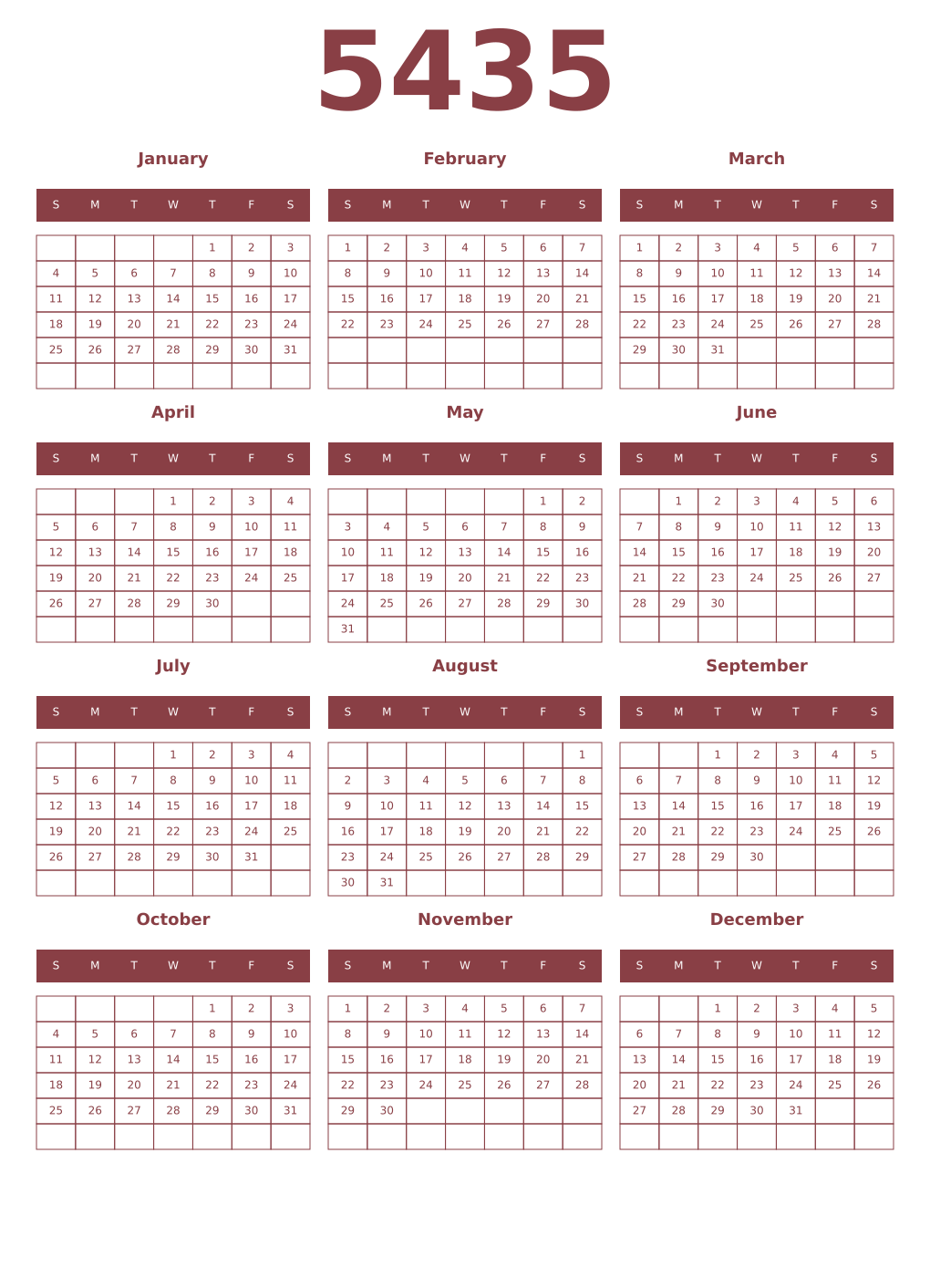 Printable 5435 Year Calendars cordovan