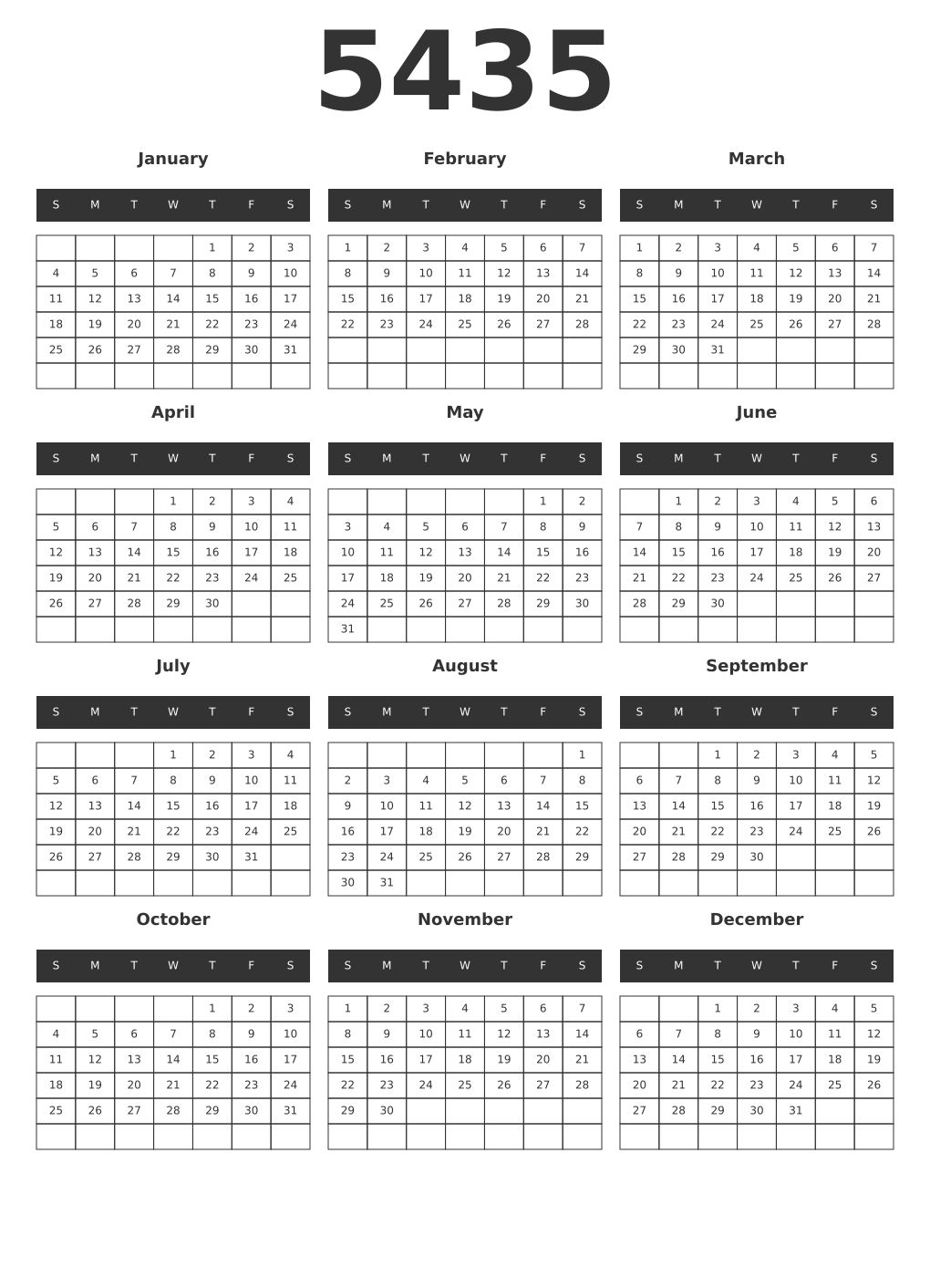 Printable 5435 Year Calendars dark
