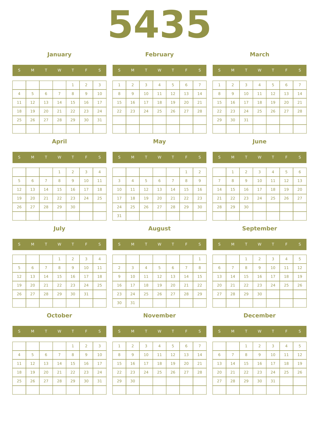 Printable 5435 Year Calendars eburnean