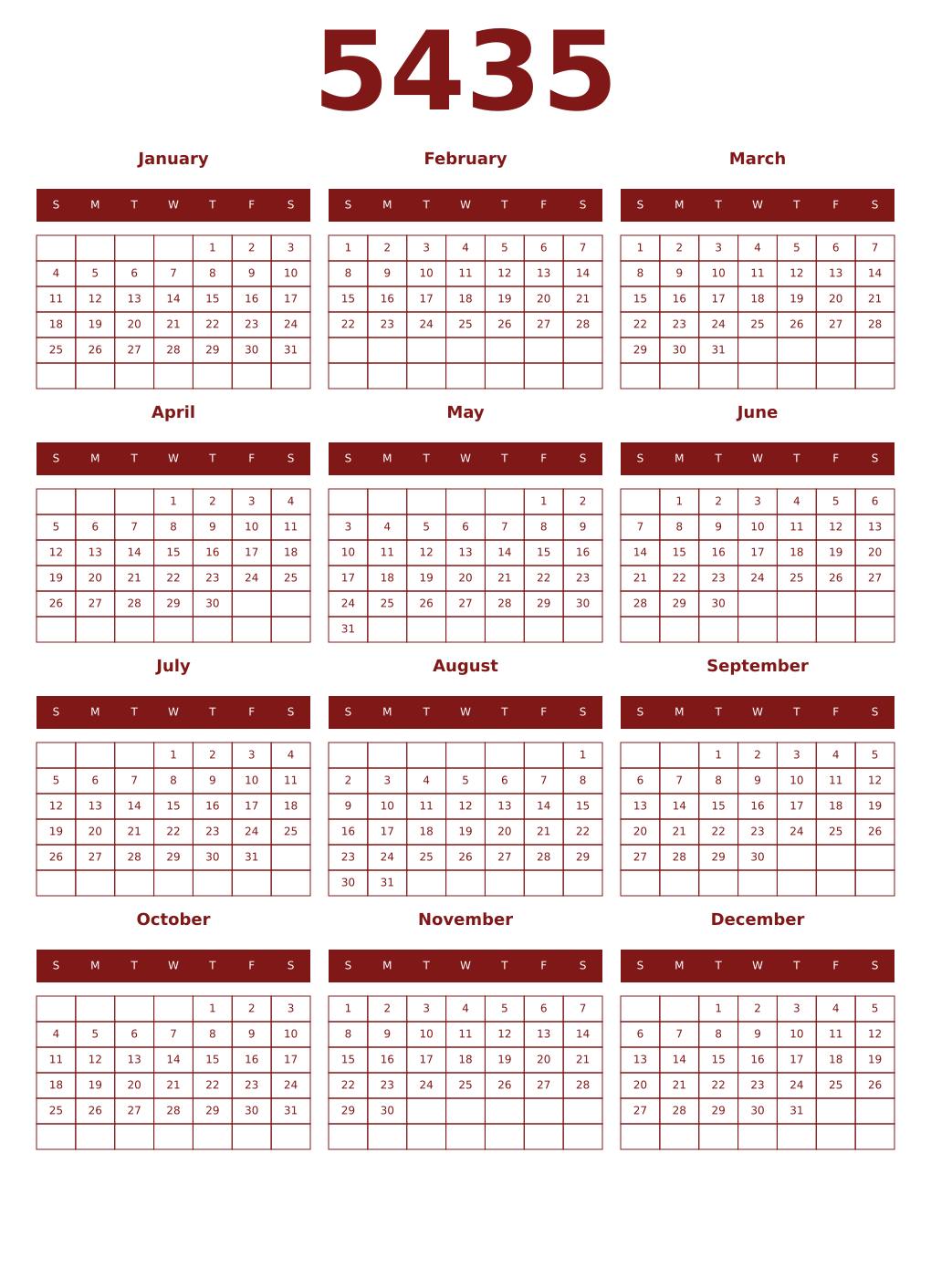 Printable 5435 Year Calendars falu