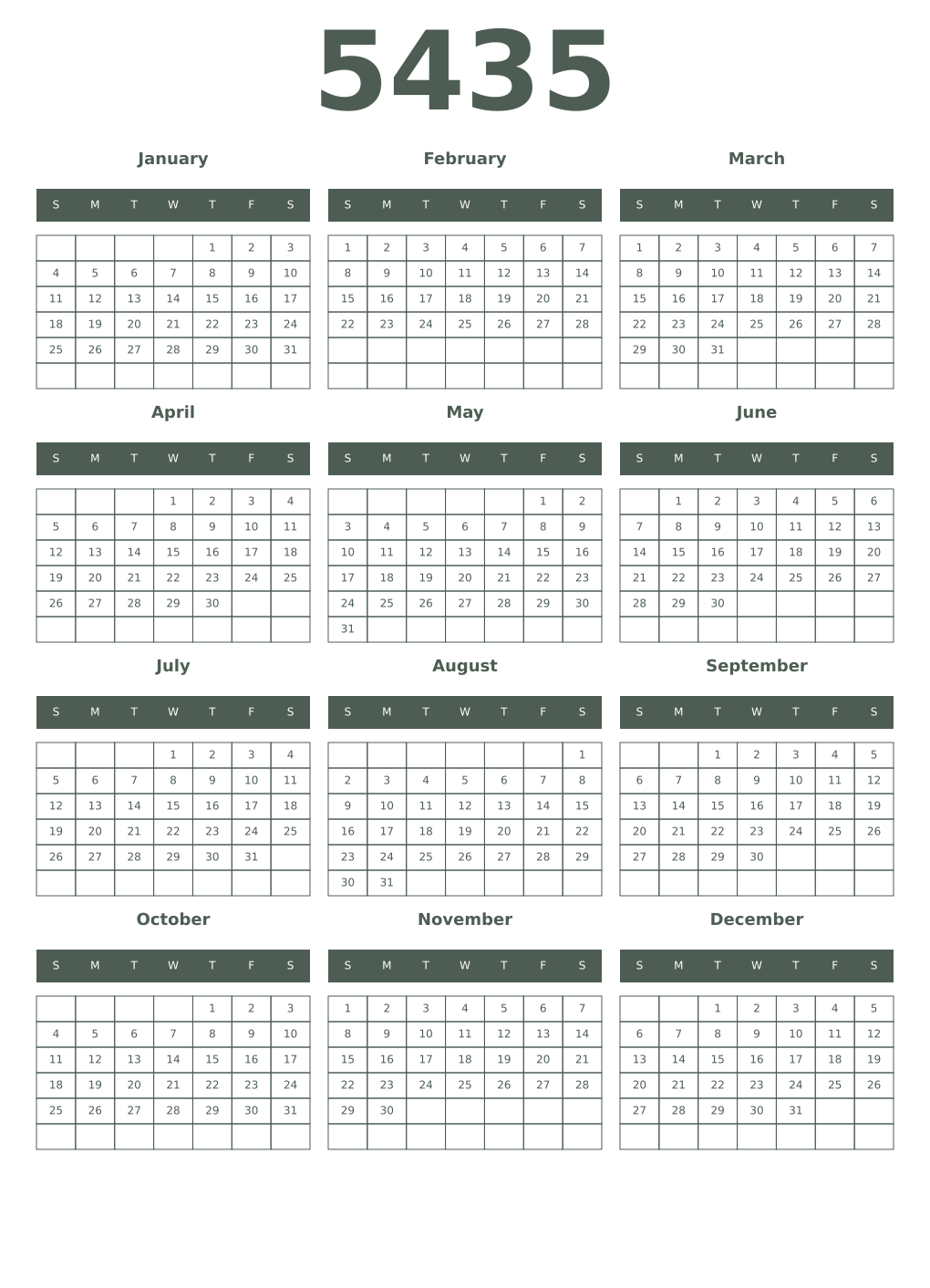 Printable 5435 Year Calendars feldgrau