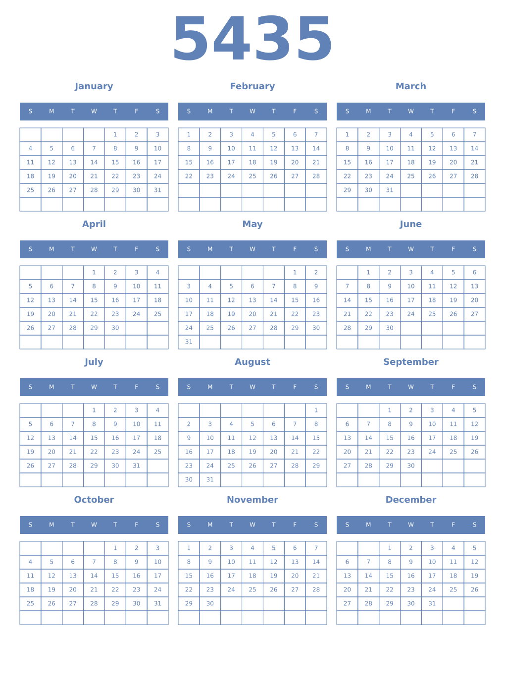 Printable 5435 Year Calendars glaucous