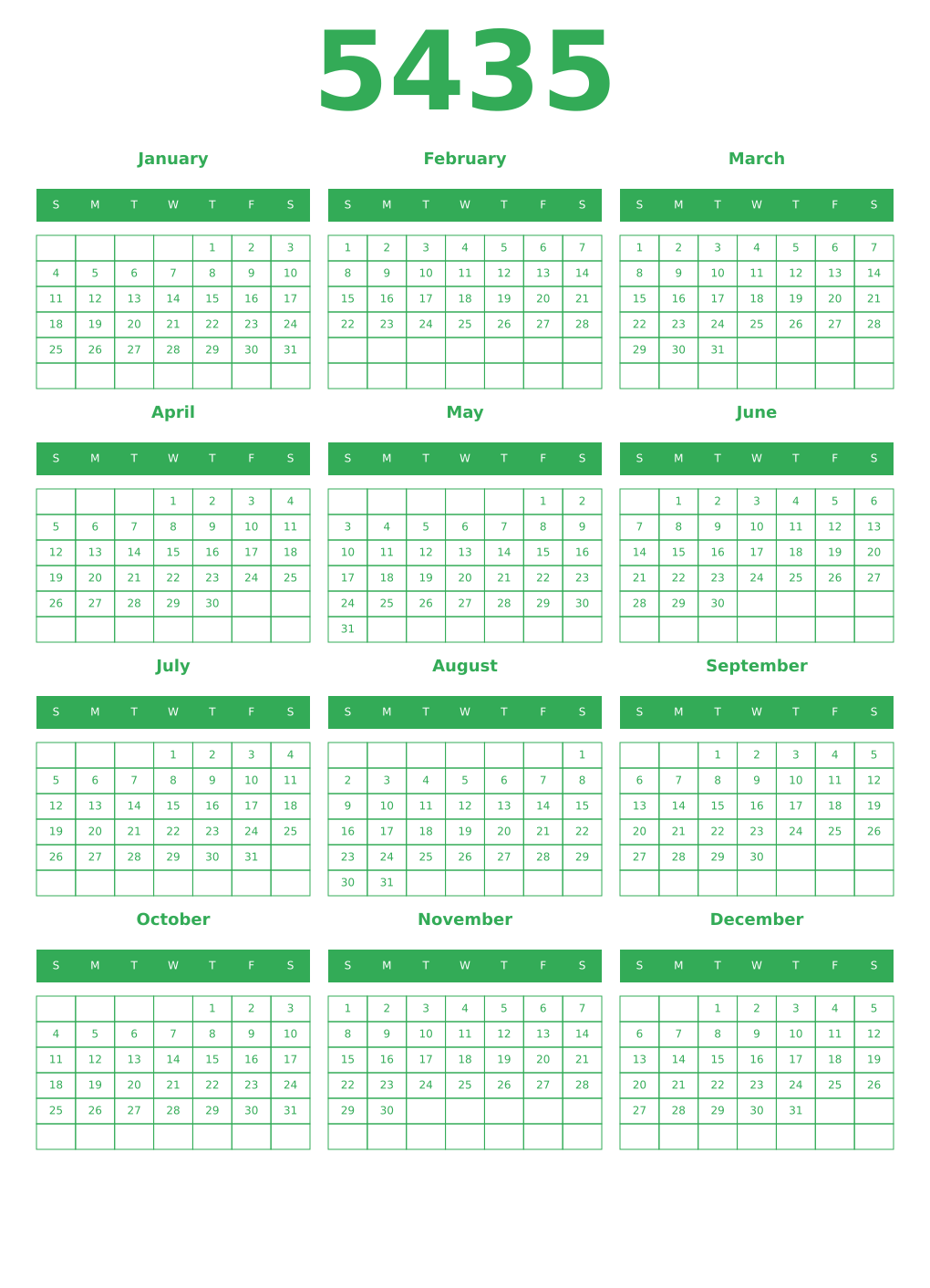 Printable 5435 Year Calendars green