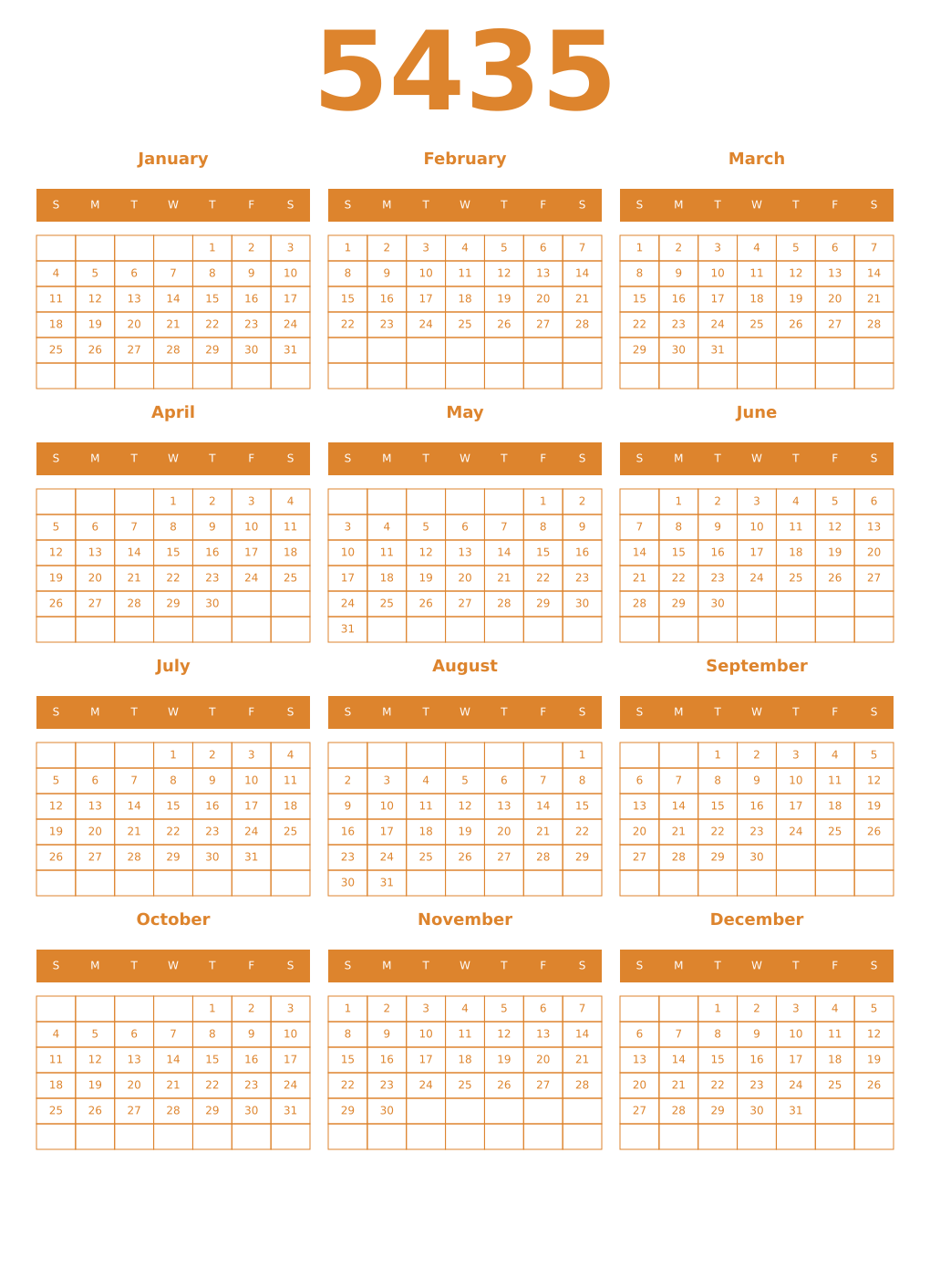 Printable 5435 Year Calendars orange