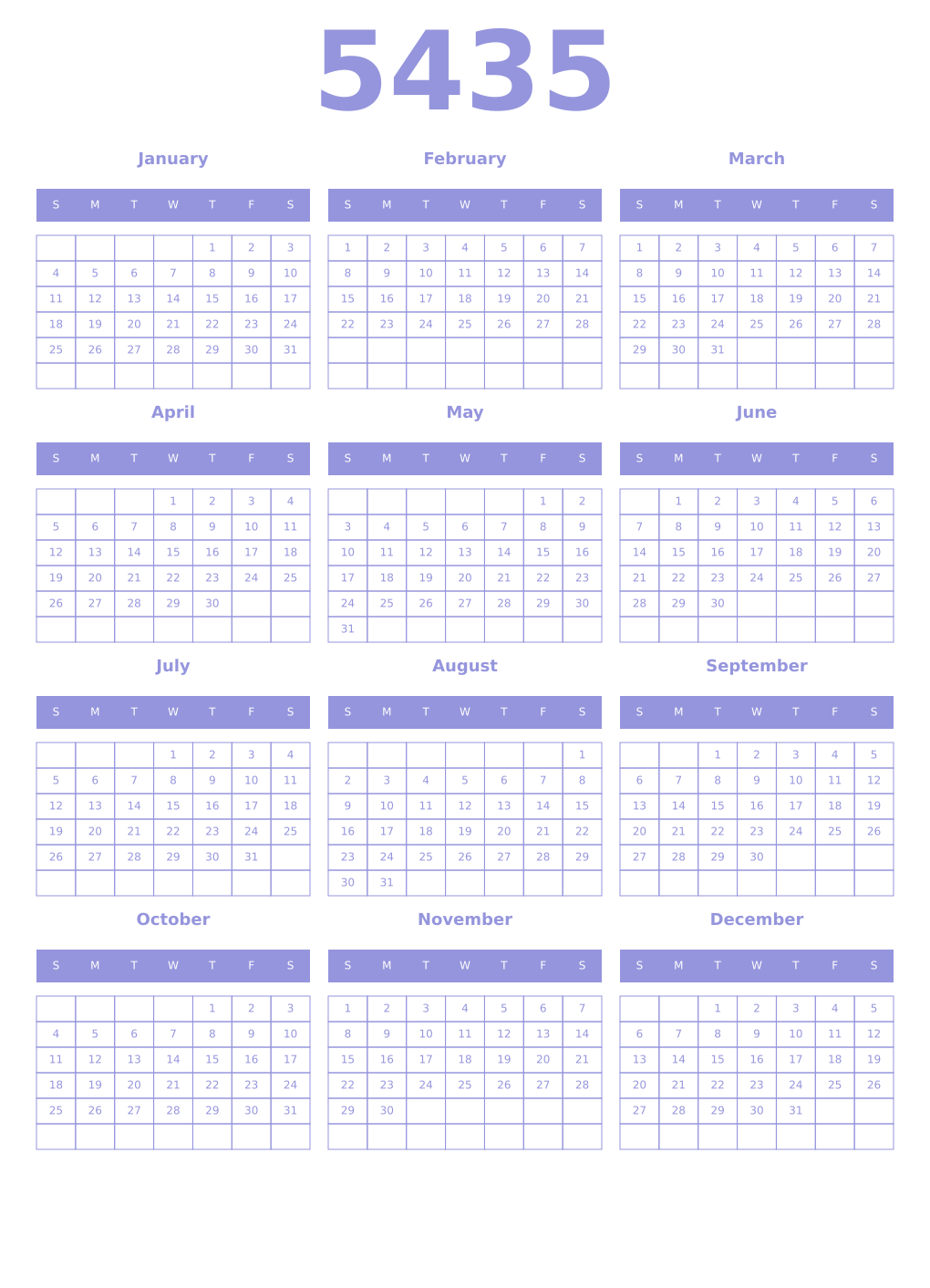 Printable 5435 Year Calendars periwinkle