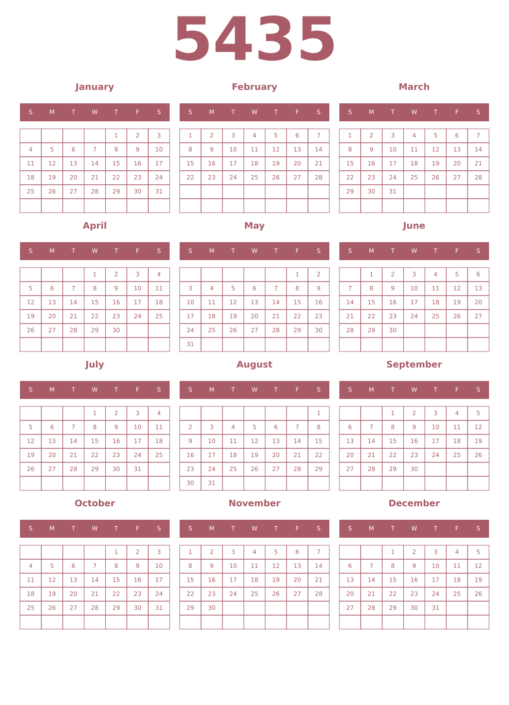 Printable 5435 Year Calendars puce