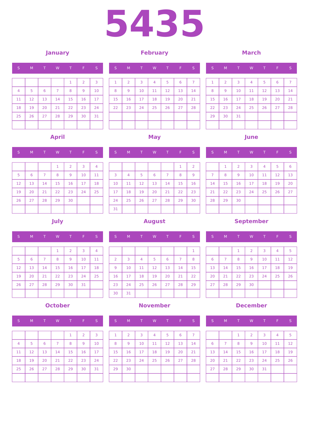 Printable 5435 Year Calendars purple