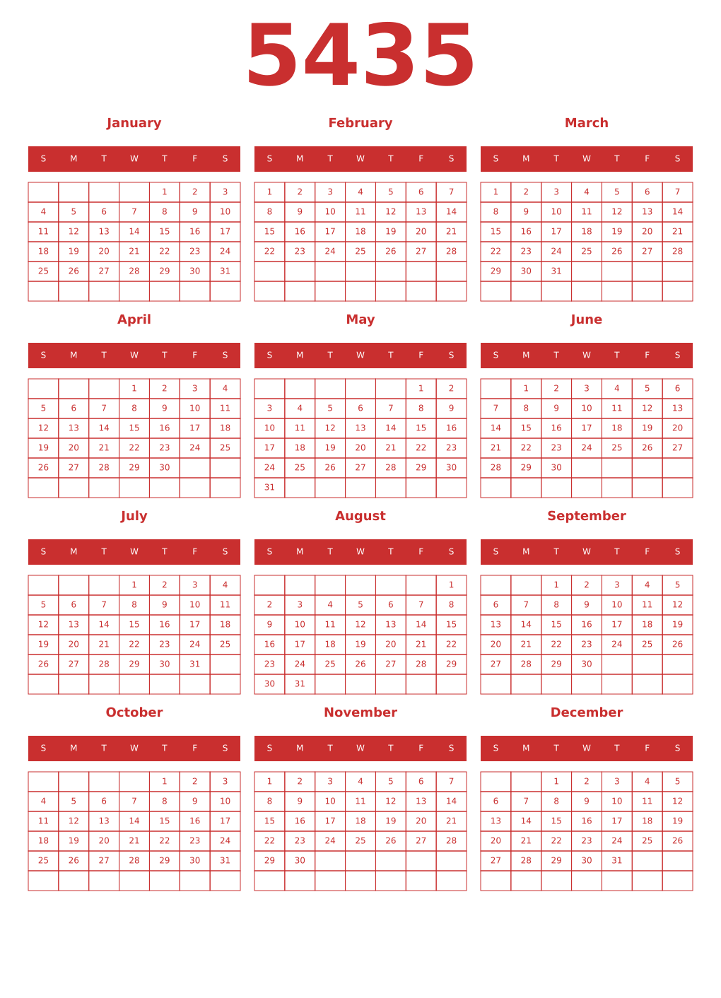 Printable 5435 Year Calendars red