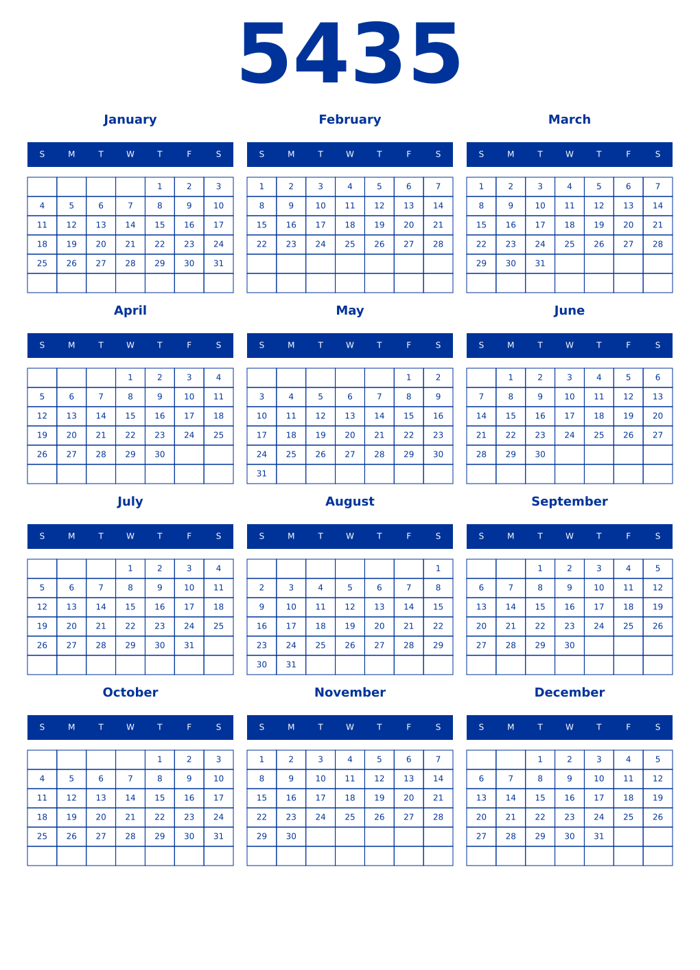 Printable 5435 Year Calendars smalt